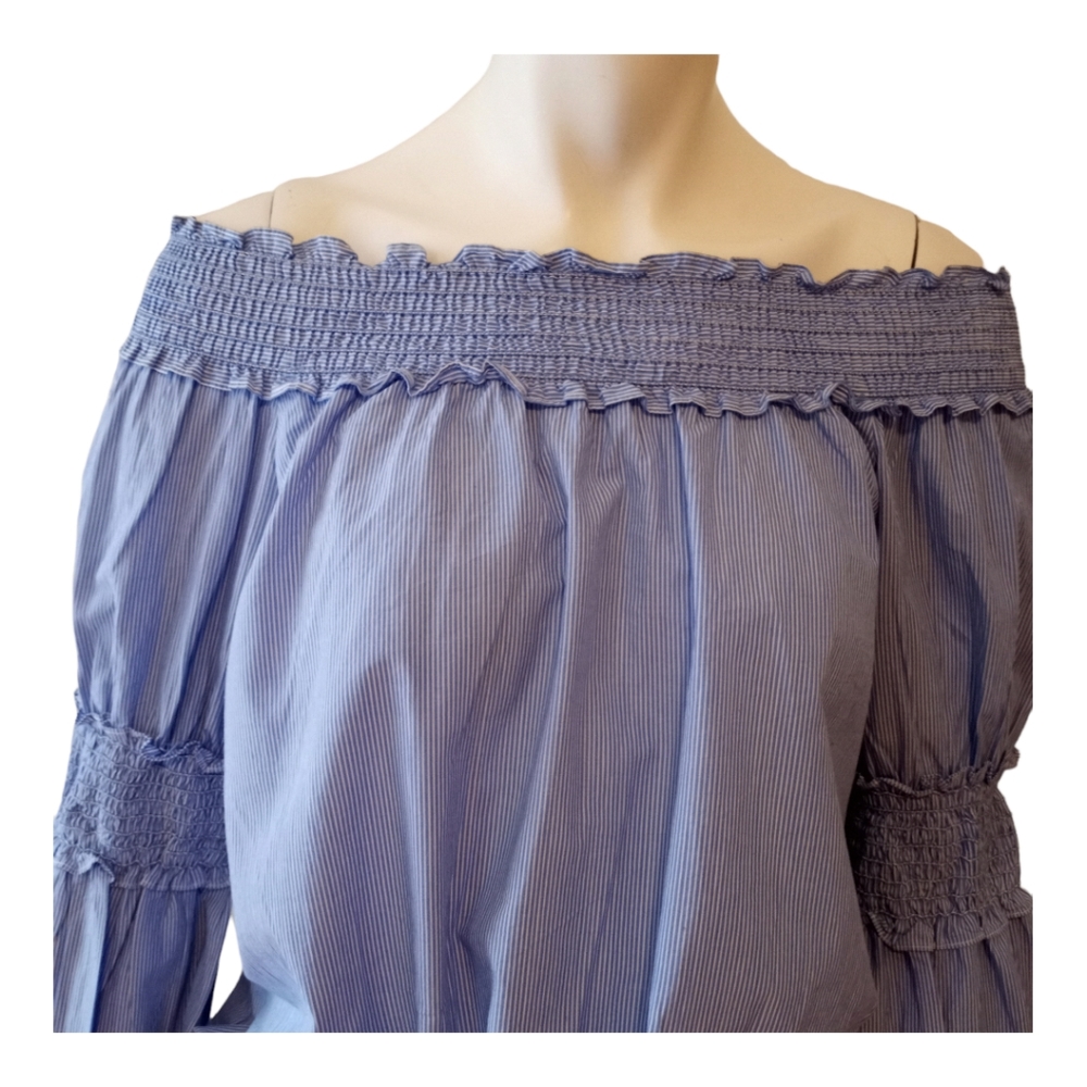 Max Editions Women’s Blue Striped Off Shoulder Smocked Blouse XL - Picture 7 of 10